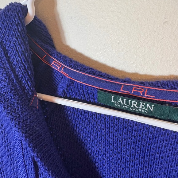 Lauren Ralph Lauren Blue Cotton Knit Hooded V-Neck Pullover Size Large - Picture 5 of 8